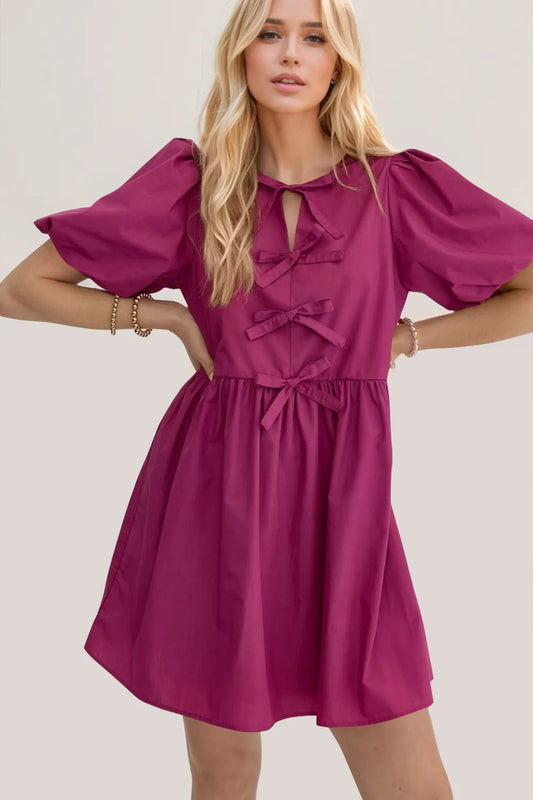 Oh Bow Ruched Puff Sleeve Mini Dress - Velora