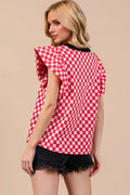 Oh Checkered Round Neck Puff Sleeve Blouse - Velora Luxury Fashion