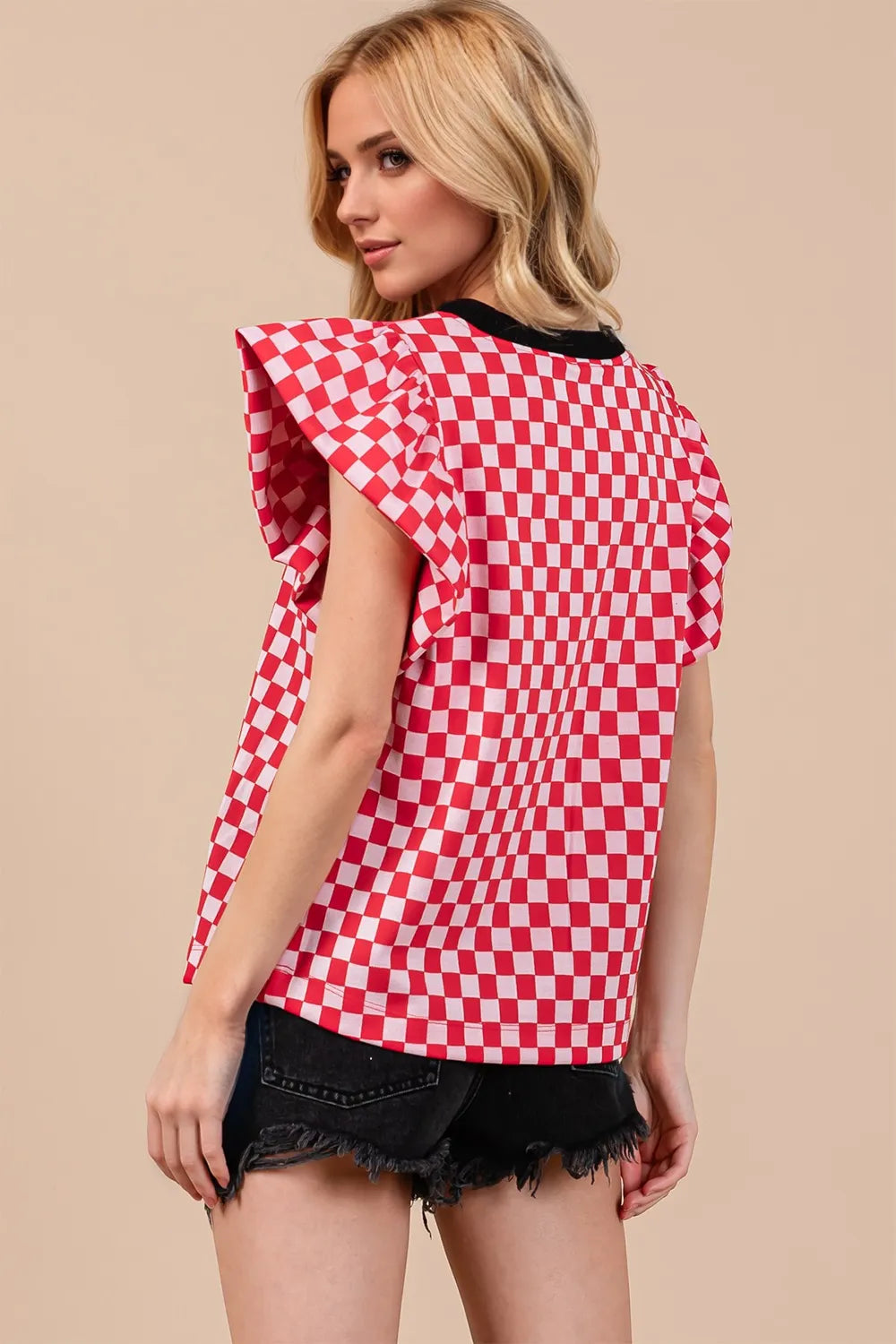 Oh Checkered Round Neck Puff Sleeve Blouse - Velora Luxury Fashion