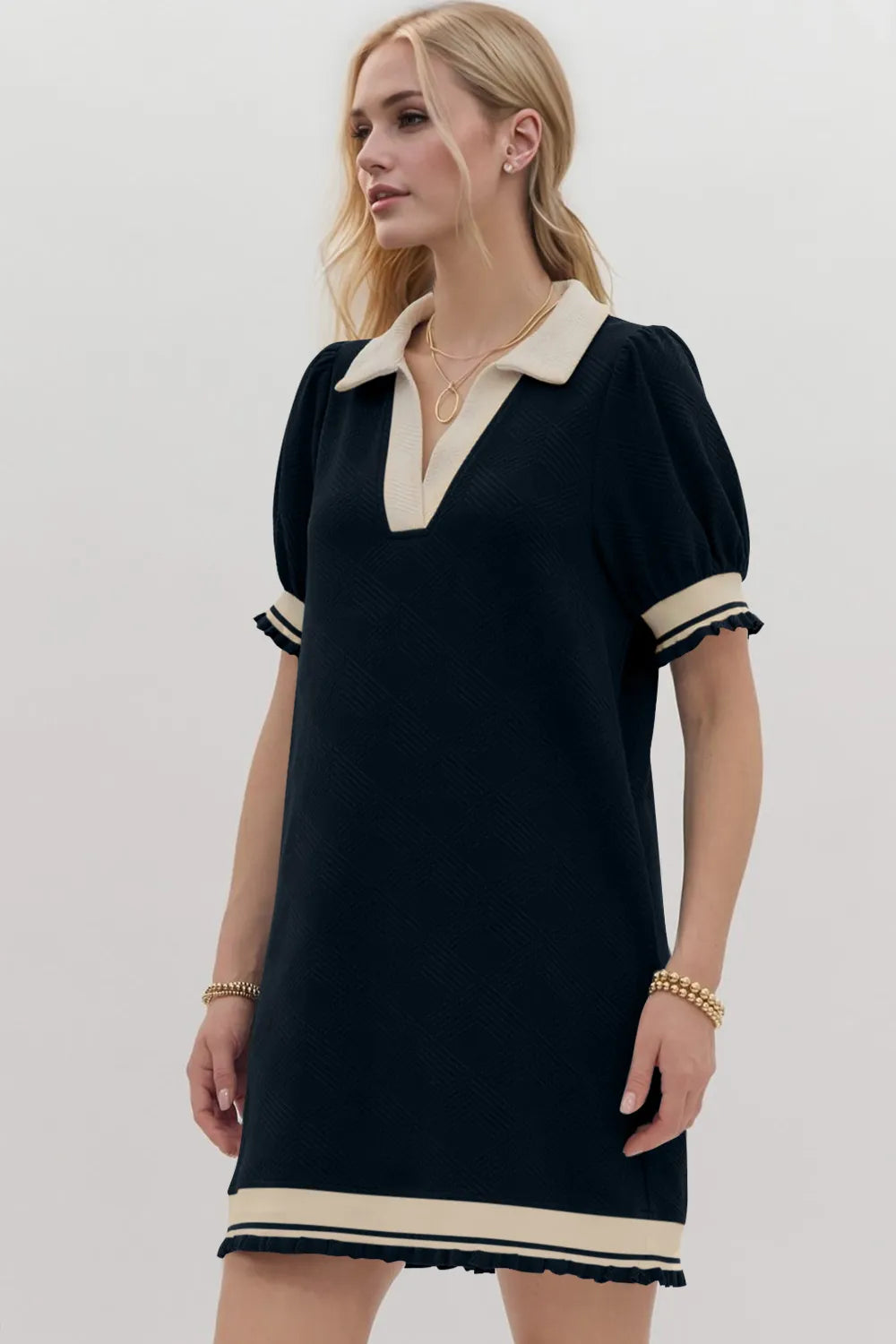 Oh Frill Contrast Trim Johnny Collar Short Sleeve Mini Dress - Velora Luxury Fashion