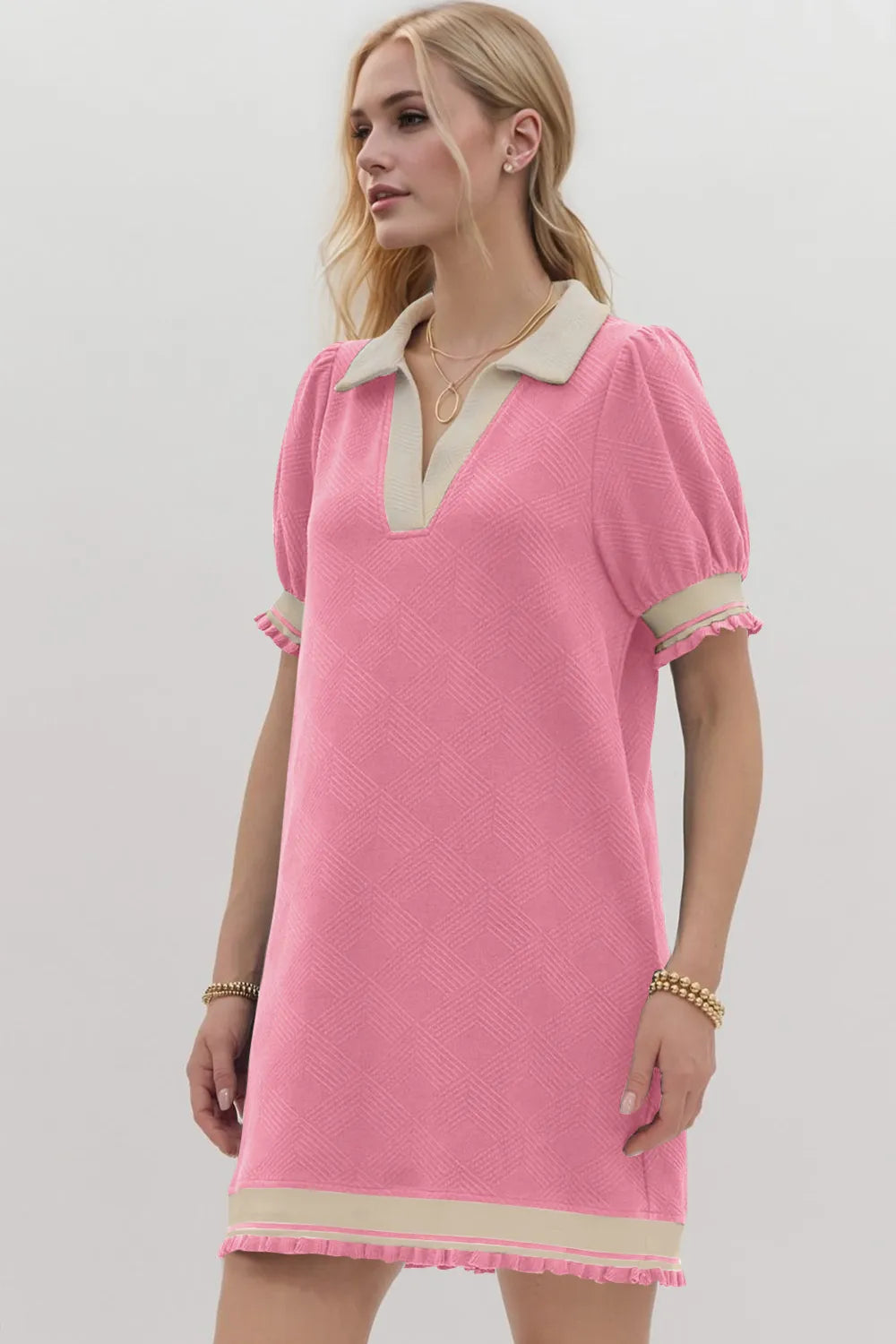 Oh Frill Contrast Trim Johnny Collar Short Sleeve Mini Dress - Velora