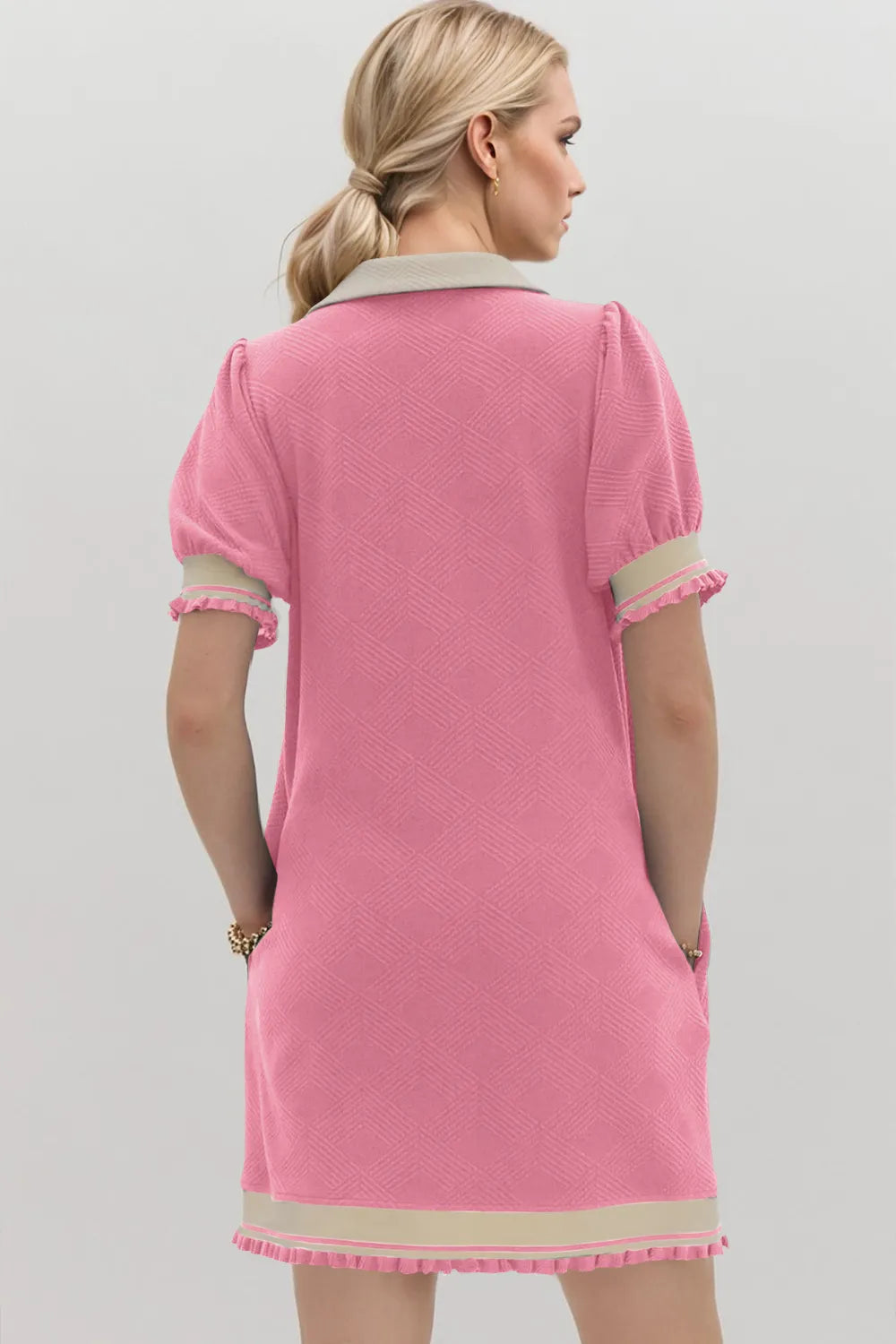 Oh Frill Contrast Trim Johnny Collar Short Sleeve Mini Dress - Velora