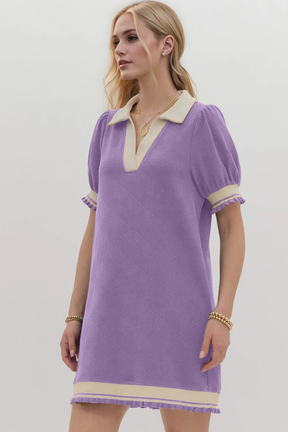 Oh Frill Contrast Trim Johnny Collar Short Sleeve Mini Dress - Velora