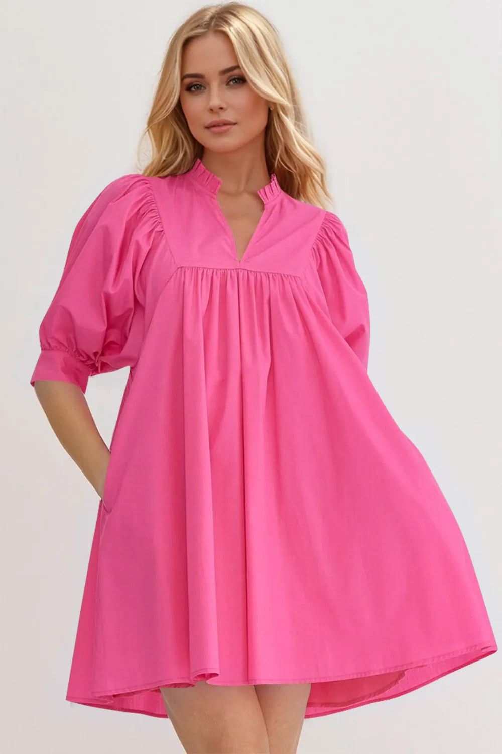 Oh Frill Notched Puff Sleeve Babydoll Mini Dress - Velora Luxury Fashion