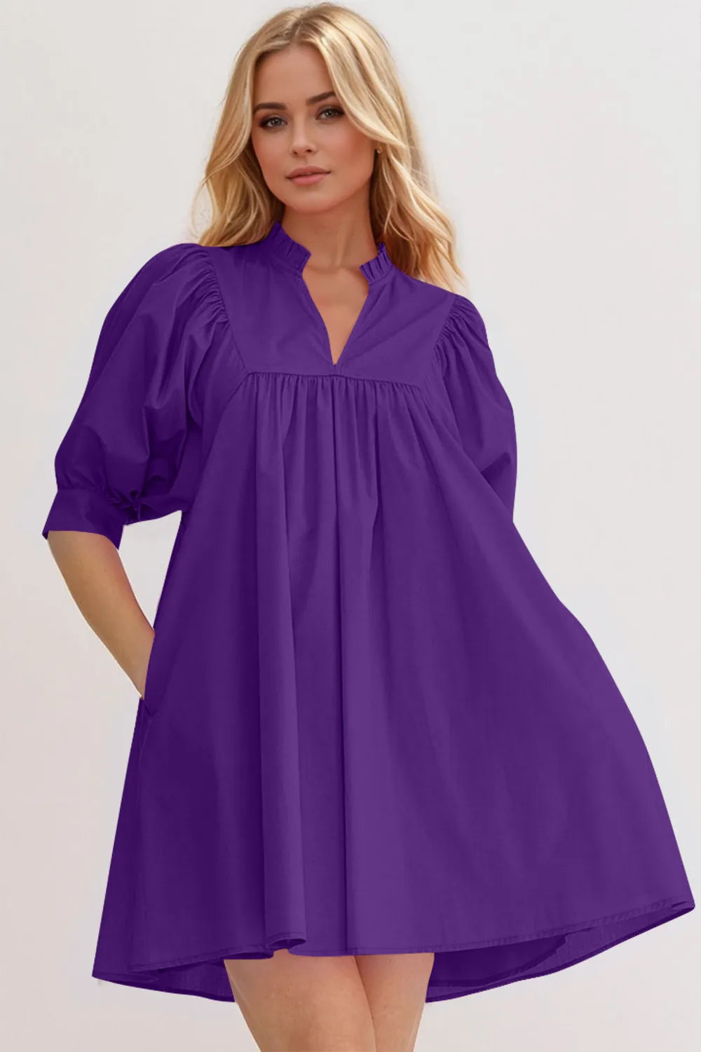 Oh Frill Notched Puff Sleeve Babydoll Mini Dress - Velora Luxury Fashion