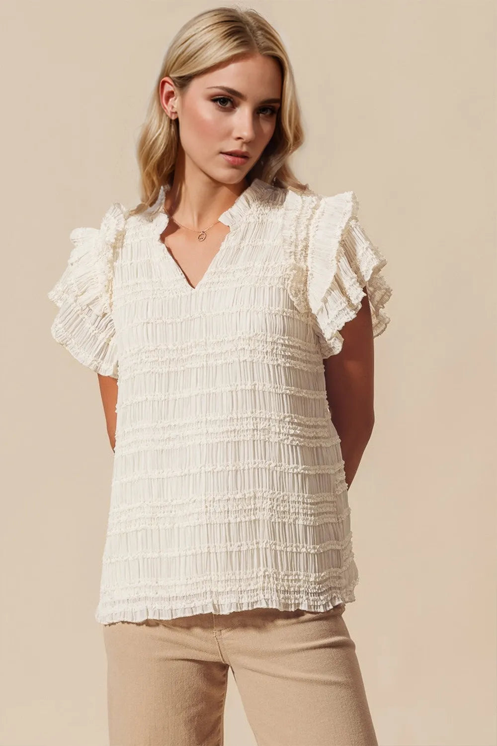 Oh Full Size Frill Notched Flounce Sleeve Blouse - Velora Luxury Fashion