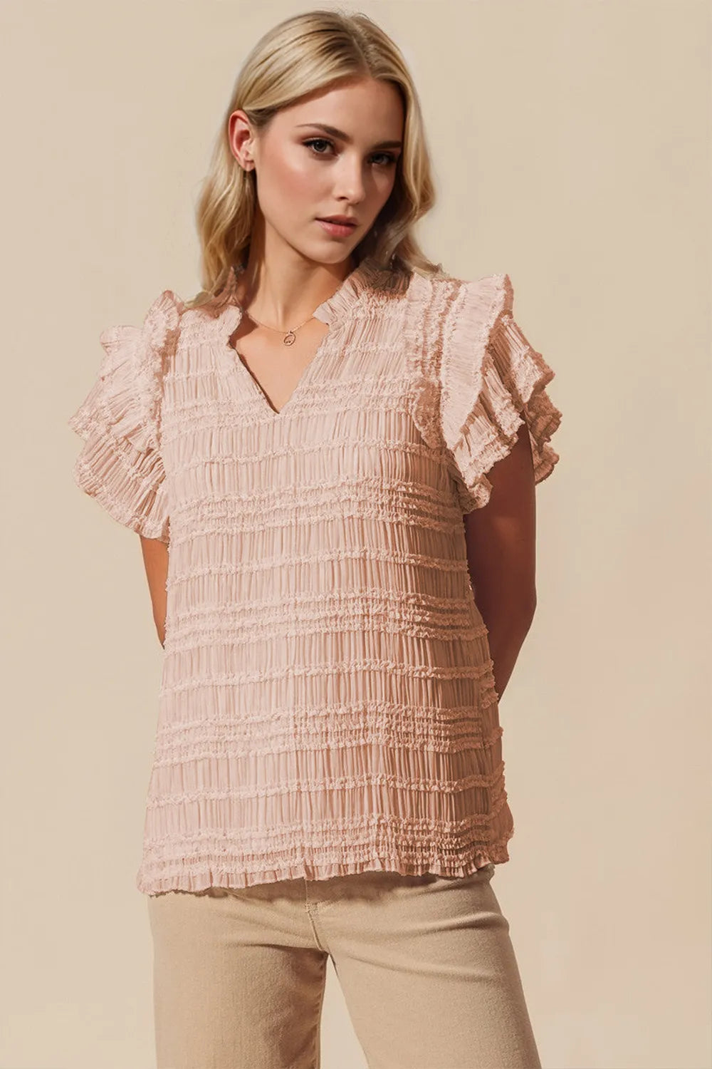 Oh Full Size Frill Notched Flounce Sleeve Blouse - Velora Luxury Fashion