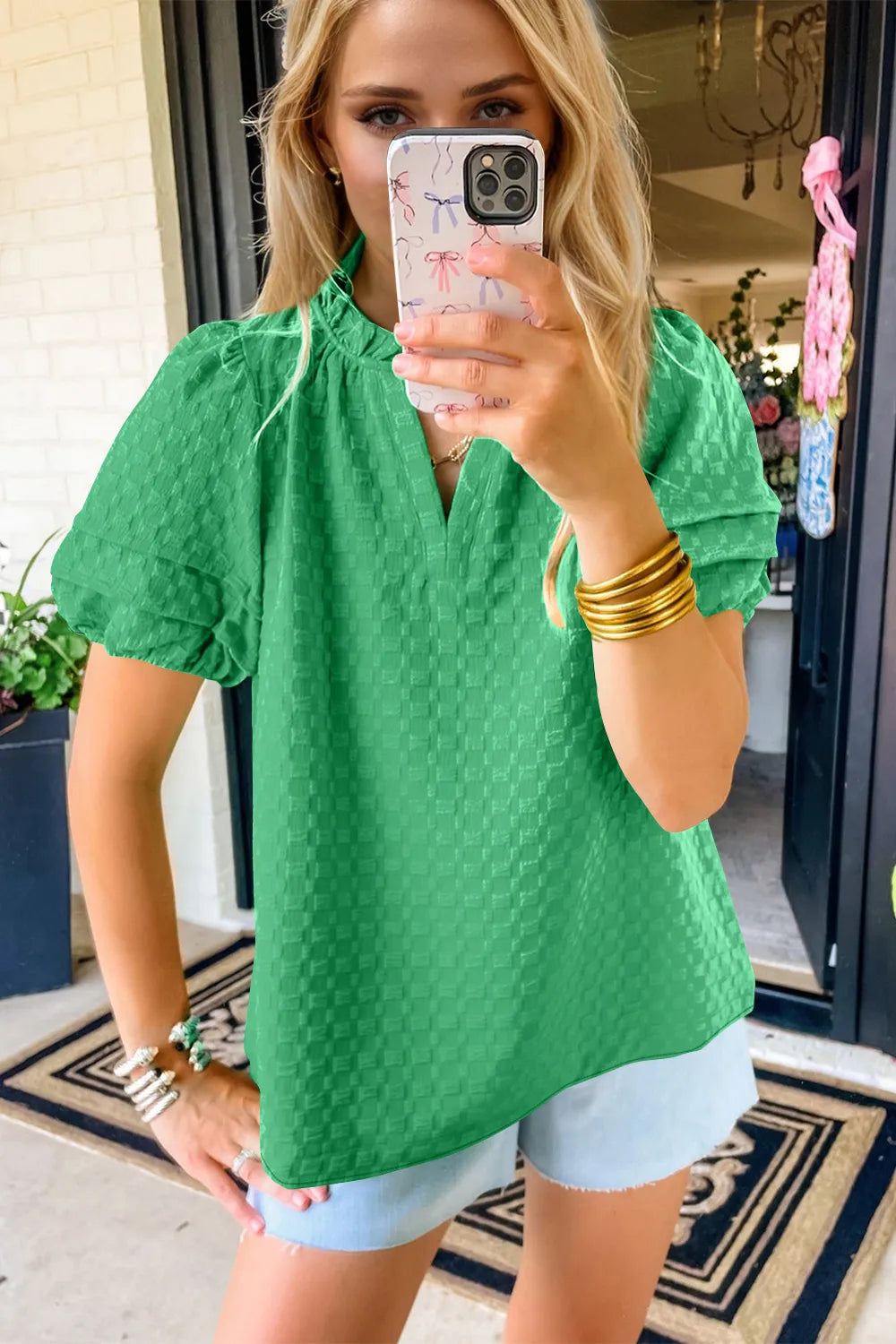 Oh Full Size Frill Notched Puff Sleeve Blouse - Velora Luxury Fashion