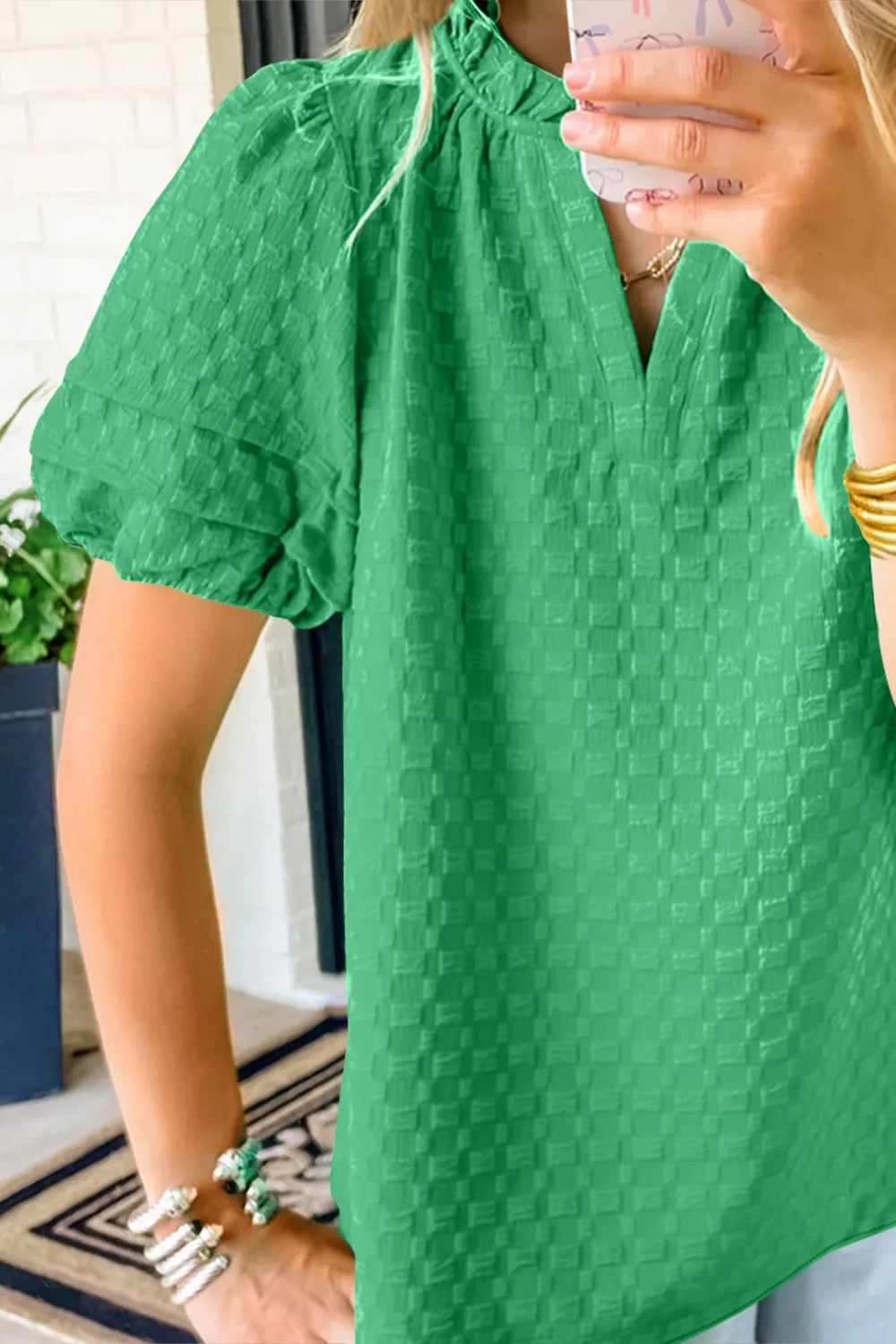 Oh Full Size Frill Notched Puff Sleeve Blouse - Velora Luxury Fashion