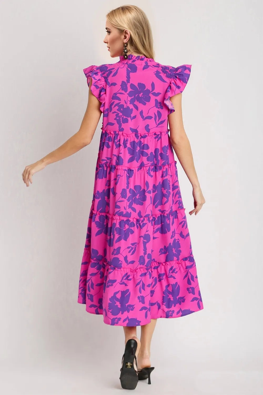 Oh Full Size Ruffled Printed Notched Cap Sleeve Midi Dress - Velora Luxury Fashion