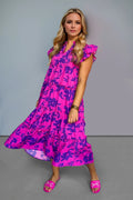 Oh Full Size Ruffled Printed Notched Cap Sleeve Midi Dress - Velora Luxury Fashion