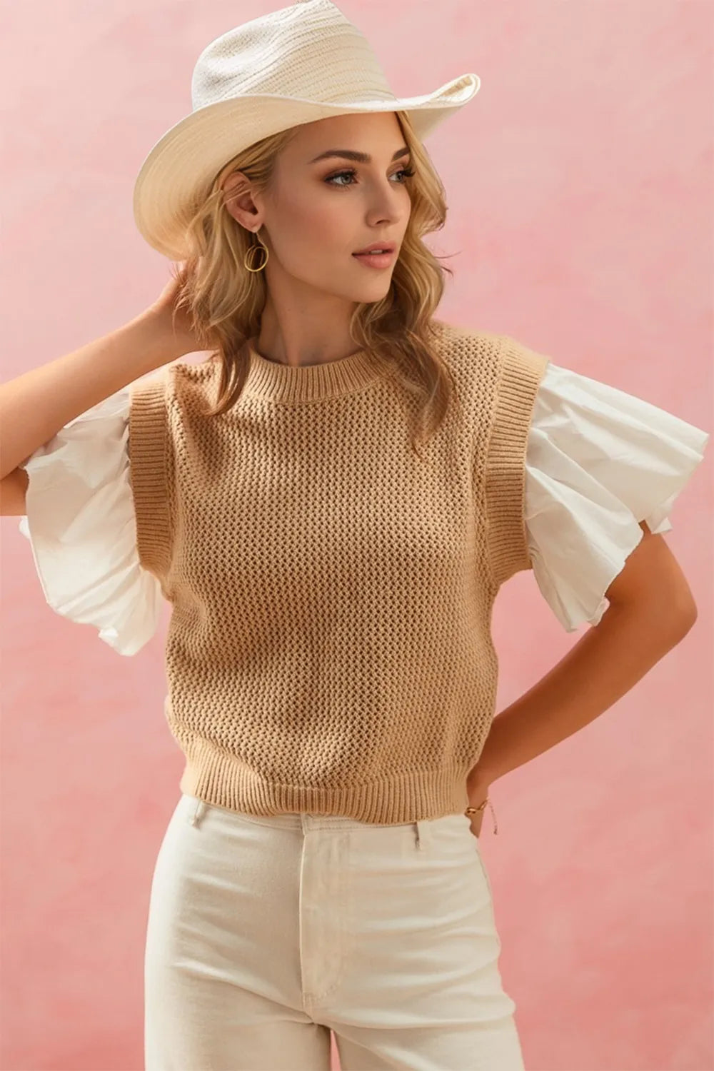 Oh Full Size Ruffled Round Neck Short Sleeve Sweater - Velora Luxury Fashion