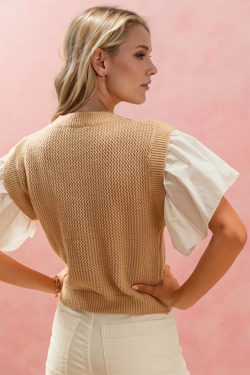 Oh Full Size Ruffled Round Neck Short Sleeve Sweater - Velora Luxury Fashion