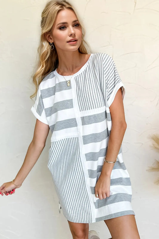 Oh Full Size Striped Round Neck Short Sleeve Mini Tee Dress - Velora Luxury Fashion