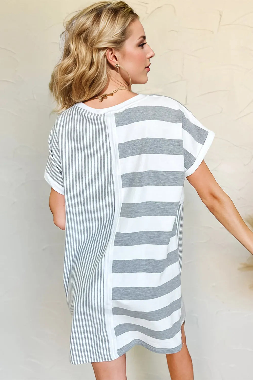 Oh Full Size Striped Round Neck Short Sleeve Mini Tee Dress - Velora