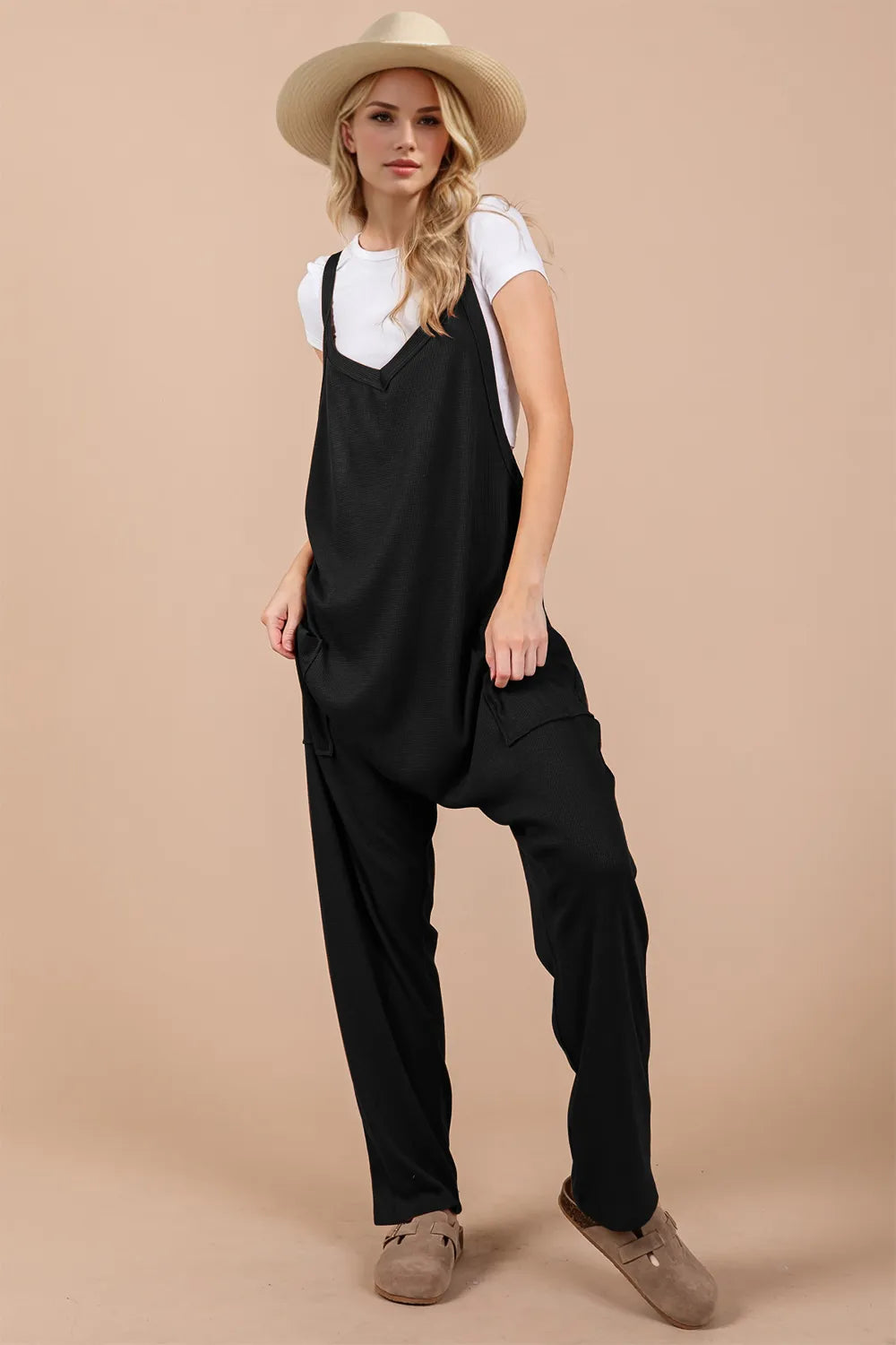 Oh Full Size V-Neck Wide Strap Overalls with Pockets - Velora