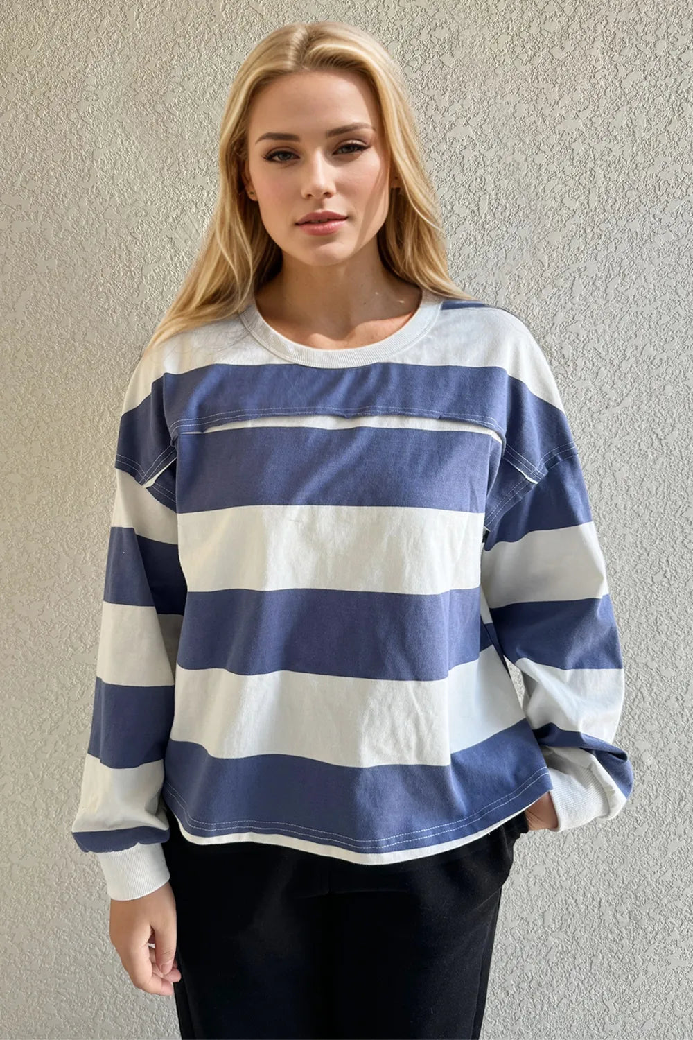 Oh Pima Cotton Wash Exposed Seam Contrast Striped Round Neck Long Sleeve T-Shirt - Velora Luxury Fashion