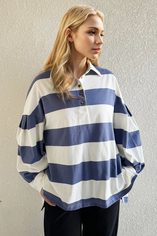 Oh Pima Cotton Wash Wide Striped Collared Neck Long Sleeve Top - Velora Luxury Fashion