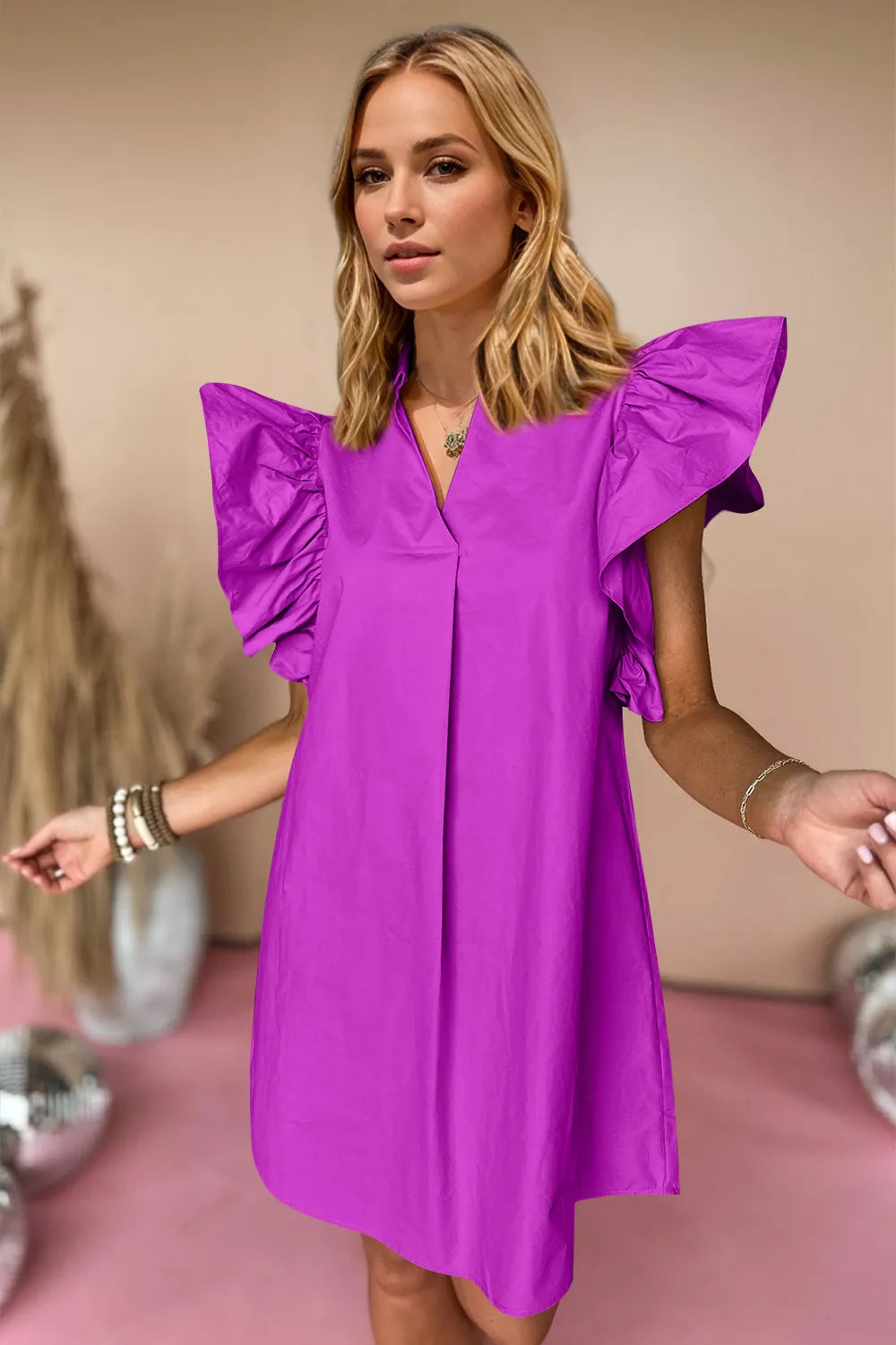 Oh Ruched Johnny Collar Cap Sleeve Mini Dress - Velora Luxury Fashion