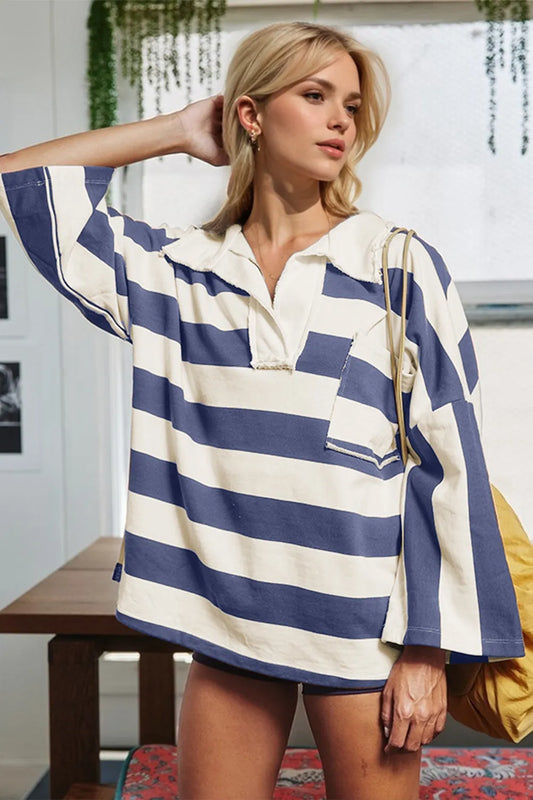 Oh Striped Johnny Collar Long Sleeve T-Shirt - Velora Luxury Fashion