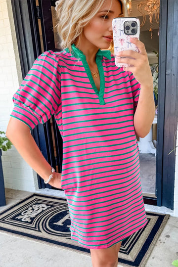 Oh Striped Johnny Collar Puff Sleeve Mini Tee Dress - Velora Luxury Fashion