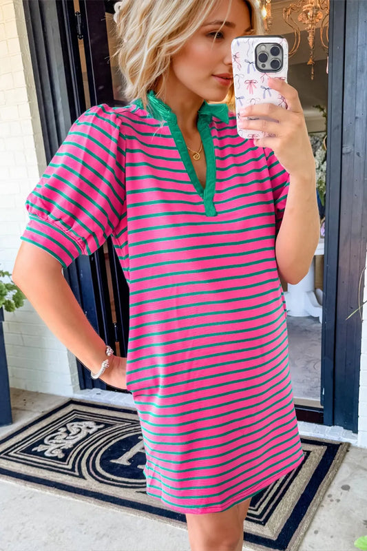 Oh Striped Johnny Collar Puff Sleeve Mini Tee Dress - Velora Luxury Fashion