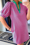 Oh Striped Johnny Collar Puff Sleeve Mini Tee Dress - Velora Luxury Fashion
