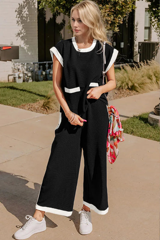 Oh Texture Contrast Trim Round Neck Cap Sleeve Top and Pants Set - Velora Luxury Fashion