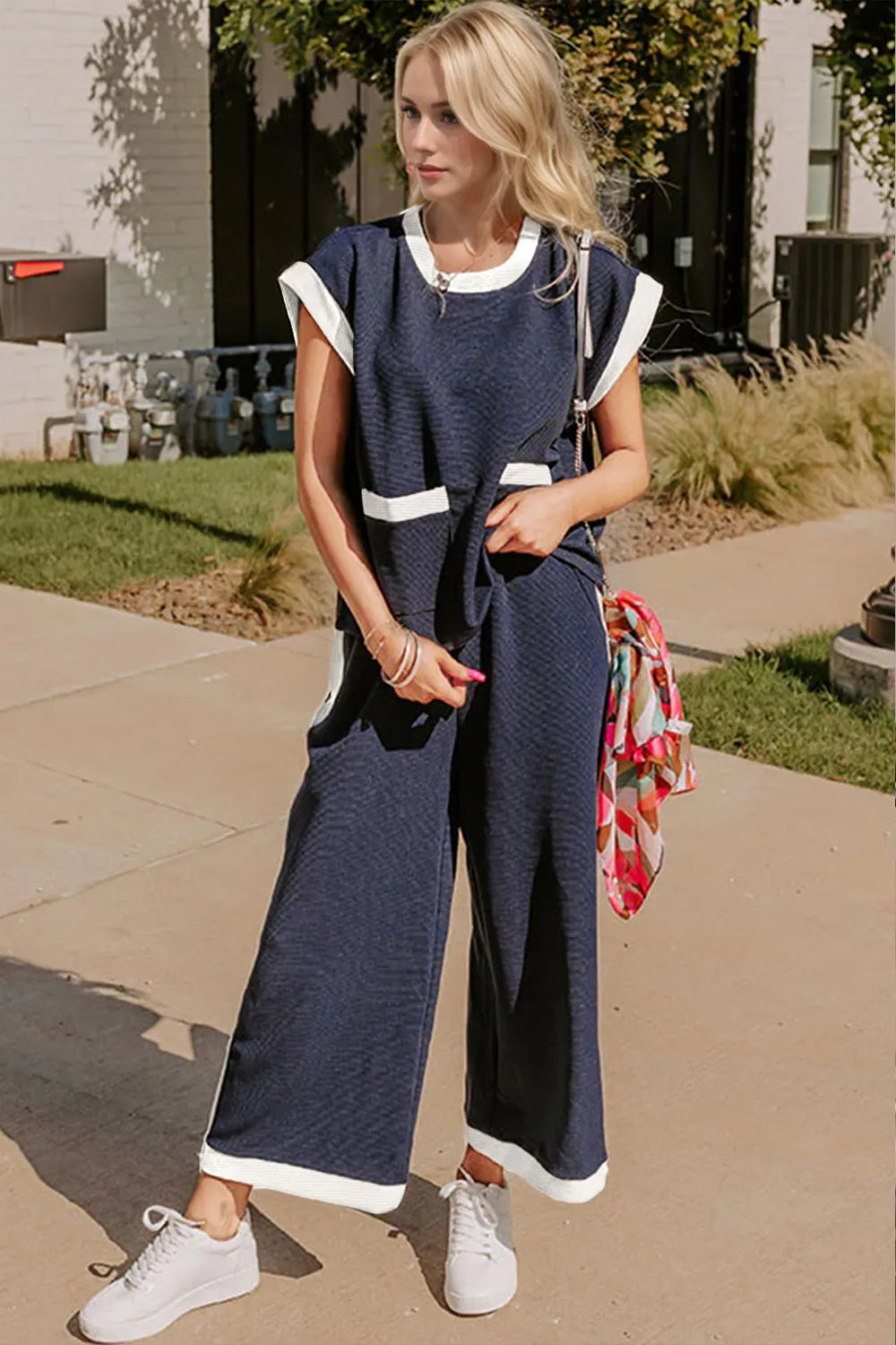 Oh Texture Contrast Trim Round Neck Cap Sleeve Top and Pants Set - Velora Luxury Fashion