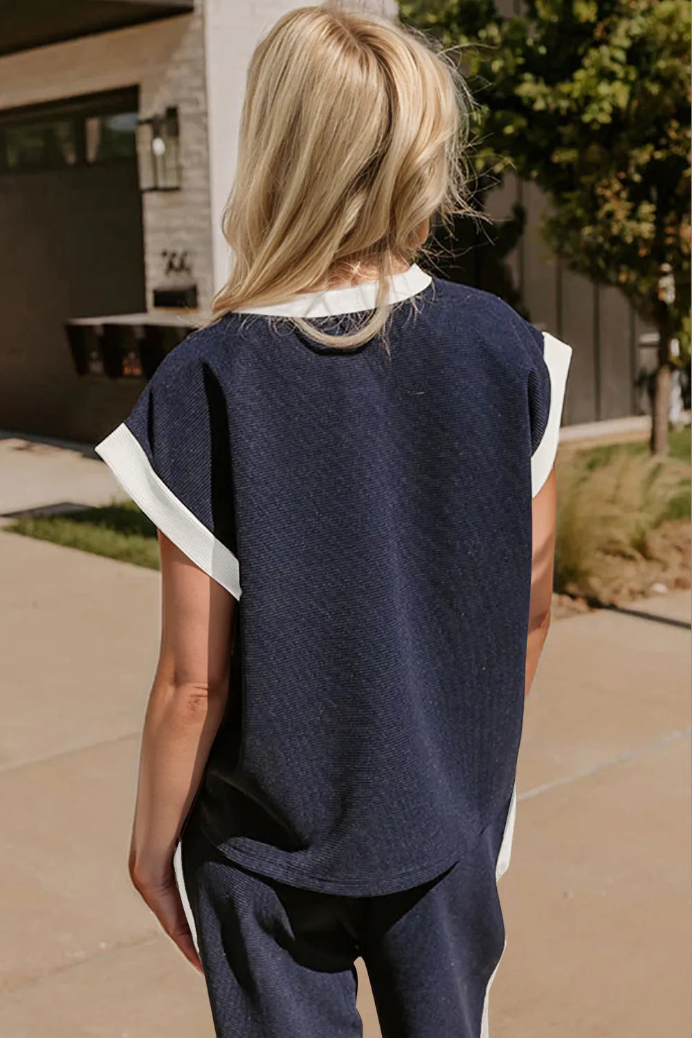 Oh Texture Contrast Trim Round Neck Cap Sleeve Top and Pants Set - Velora Luxury Fashion