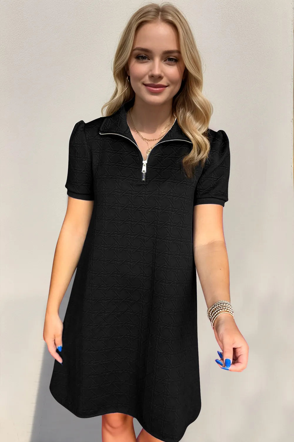 Oh Textured Quarter Zip Short Sleeve Dress - Velora