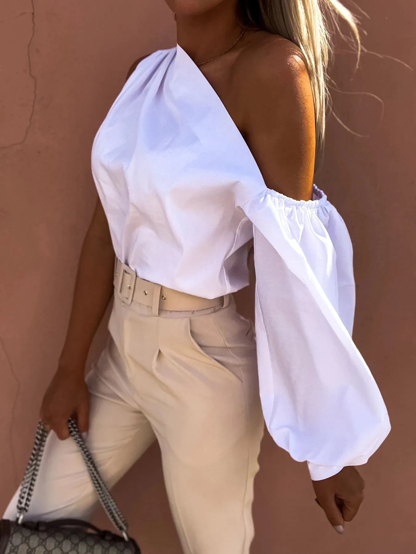 One Shoulder Puff Sleeve Blouse - Velora Luxury Fashion