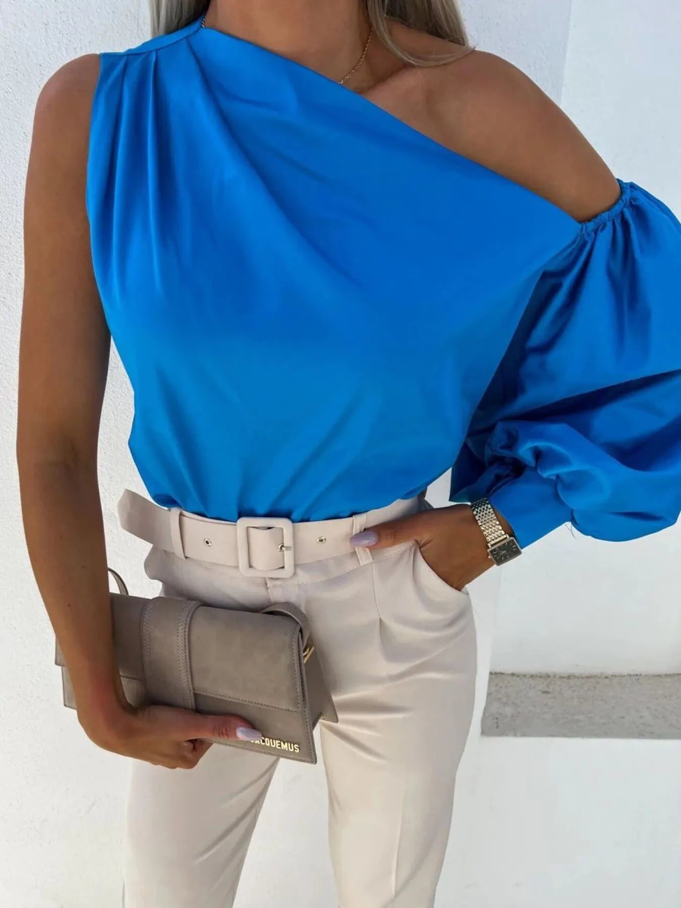 One Shoulder Puff Sleeve Blouse - Velora Luxury Fashion