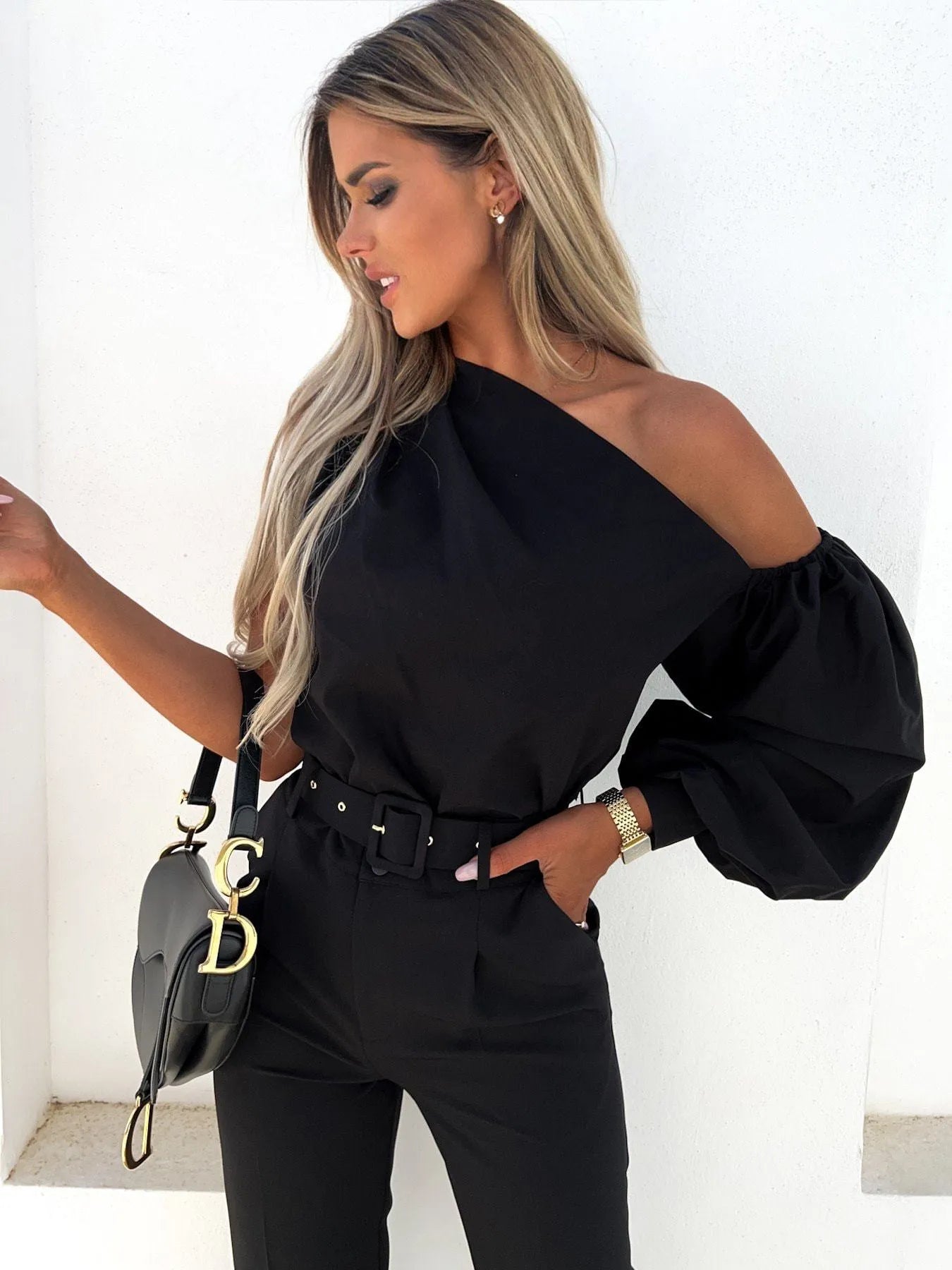One Shoulder Puff Sleeve Blouse - Velora Luxury Fashion