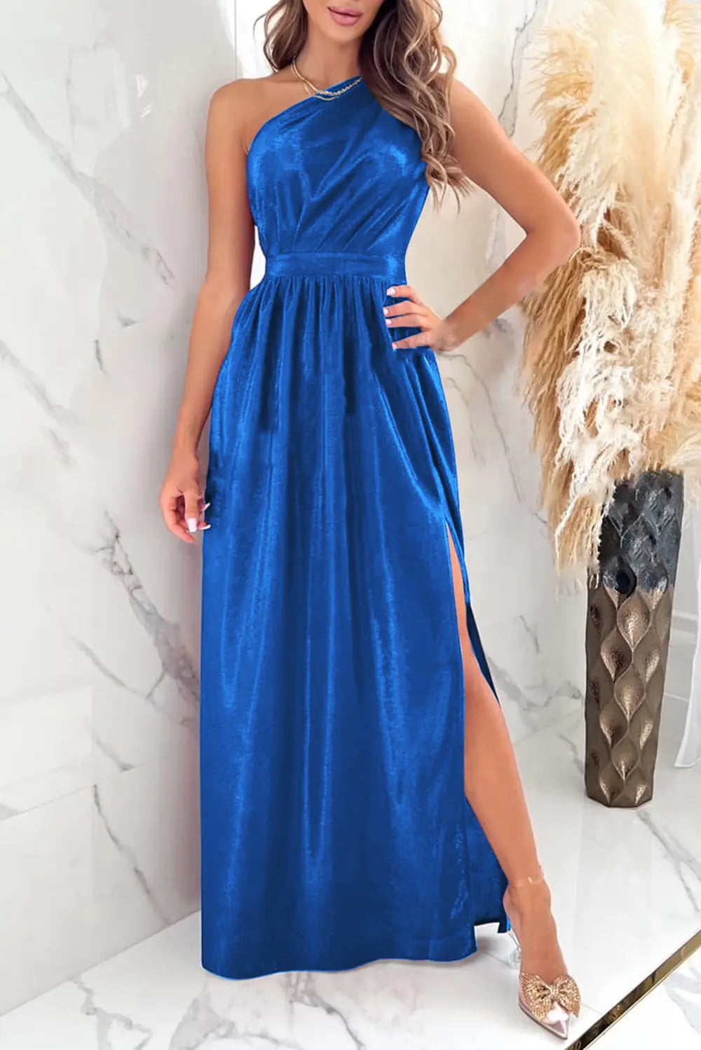One Shoulder Slit Ruched Maxi Dress - Velora Luxury Fashion