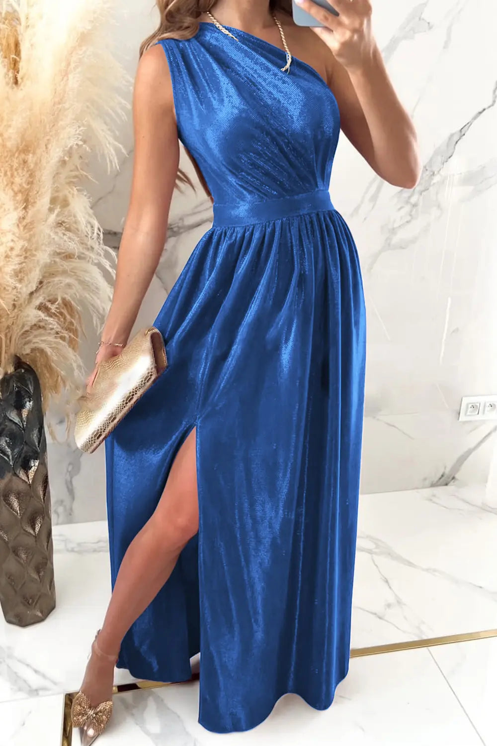 One Shoulder Slit Ruched Maxi Dress - Velora Luxury Fashion