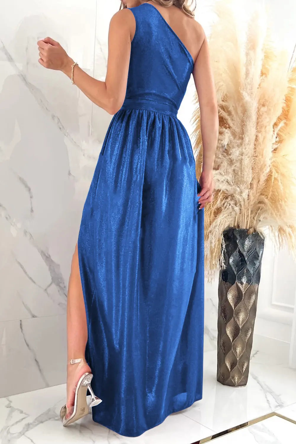 One Shoulder Slit Ruched Maxi Dress - Velora Luxury Fashion