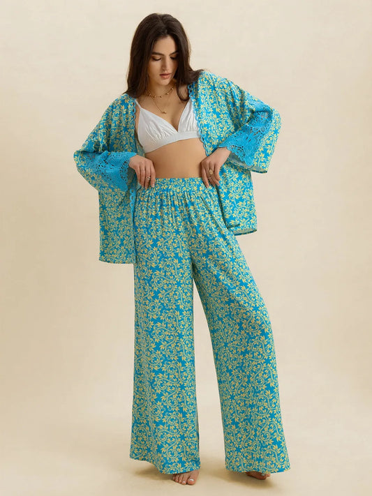 Open Front Printed Top and Pants Set - Velora