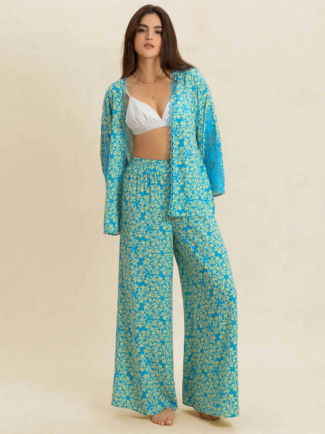 Open Front Printed Top and Pants Set - Velora