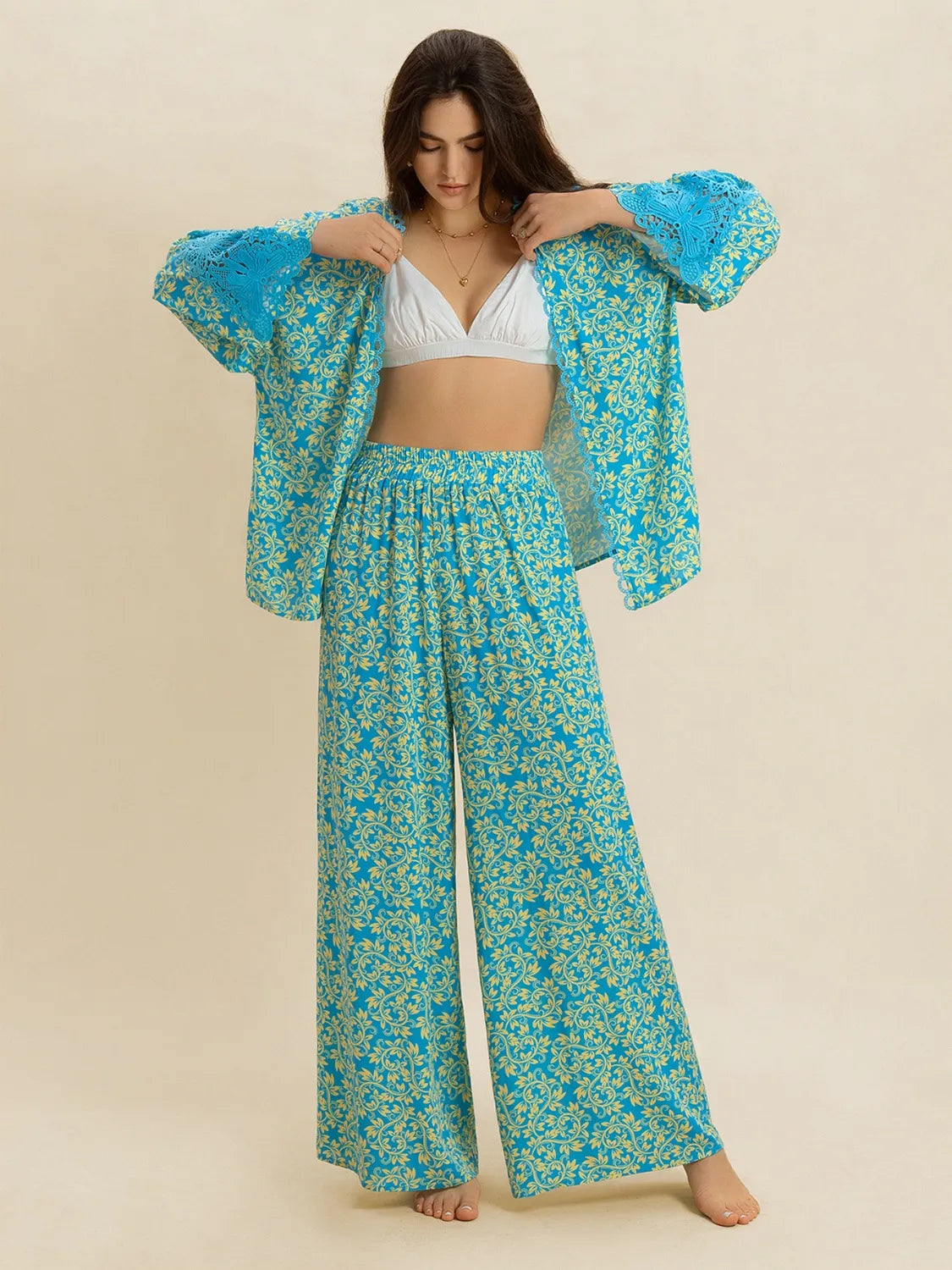 Open Front Printed Top and Pants Set - Velora