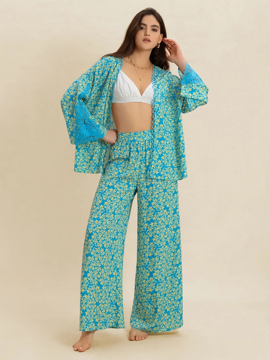 Open Front Printed Top and Pants Set - Velora