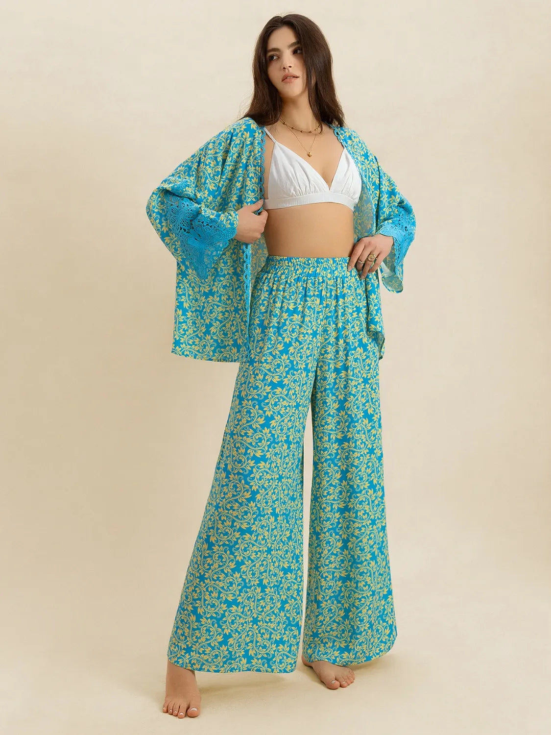 Open Front Printed Top and Pants Set - Velora