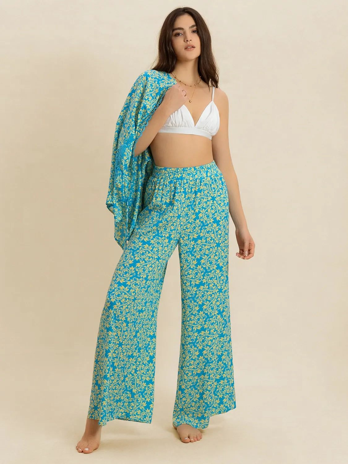 Open Front Printed Top and Pants Set - Velora