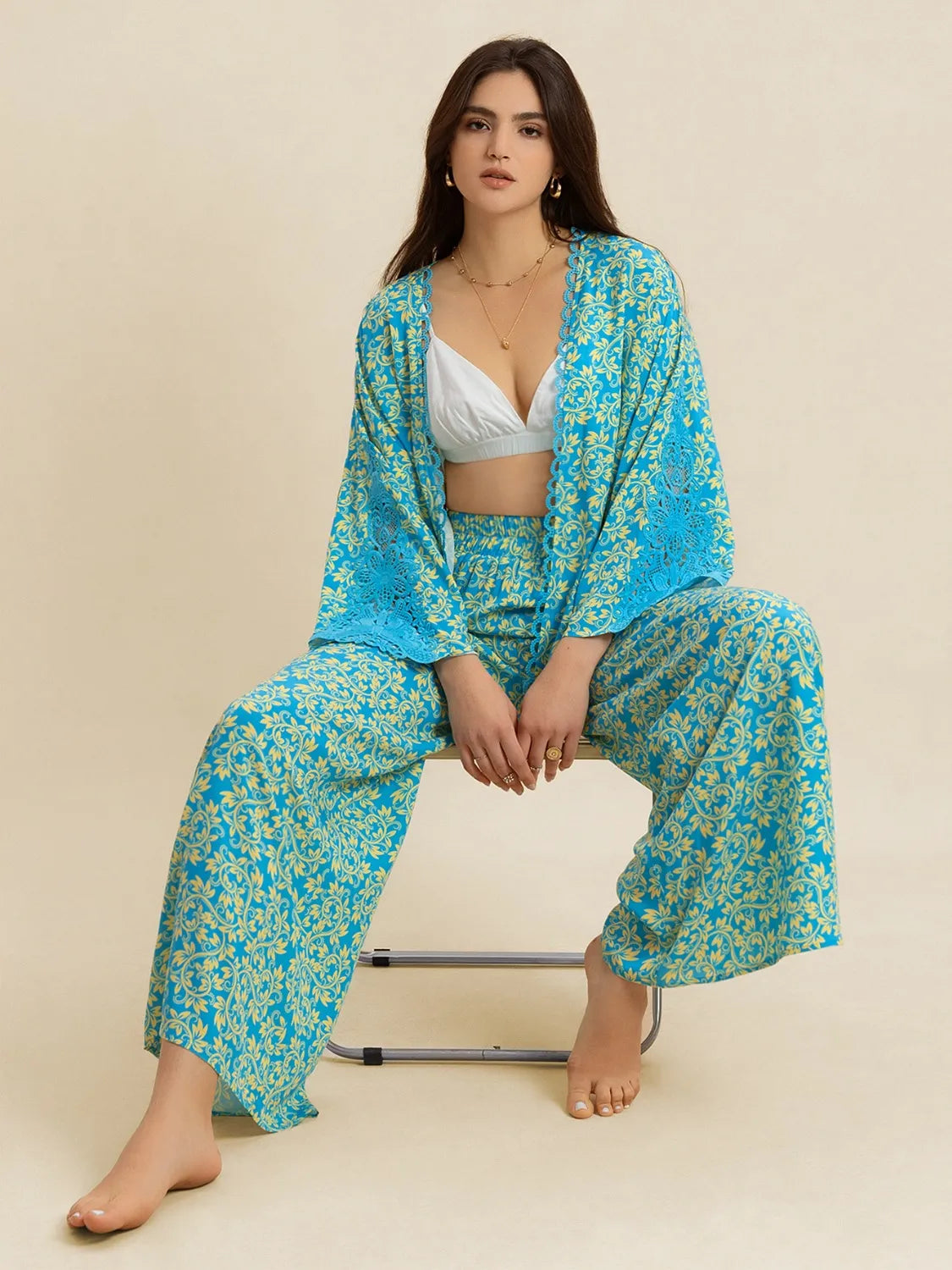 Open Front Printed Top and Pants Set - Velora