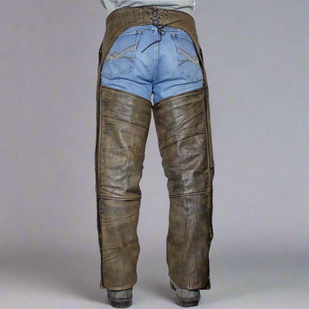 Open Road Men's Distressed Brown 4 Pocket Premium Leather Chaps - Velora Luxury Fashion