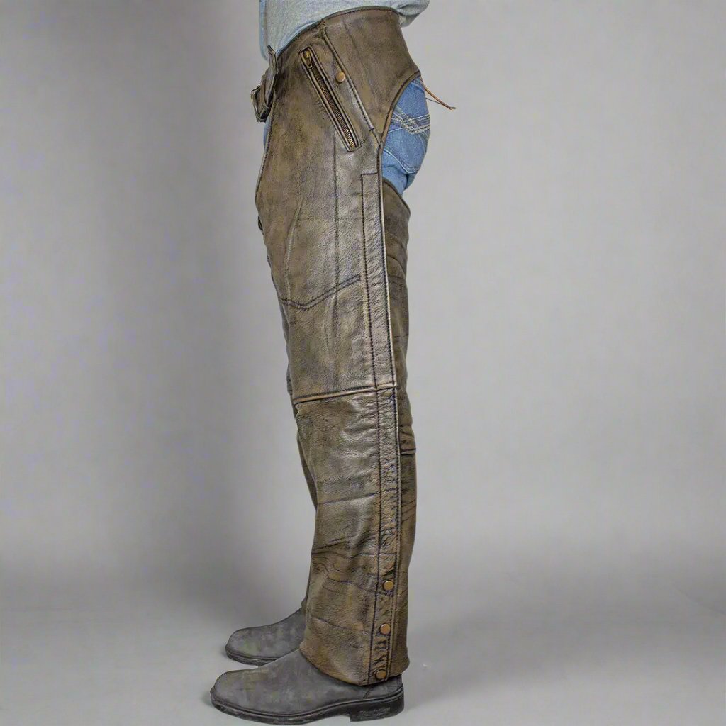 Open Road Men's Distressed Brown 4 Pocket Premium Leather Chaps - Velora Luxury Fashion