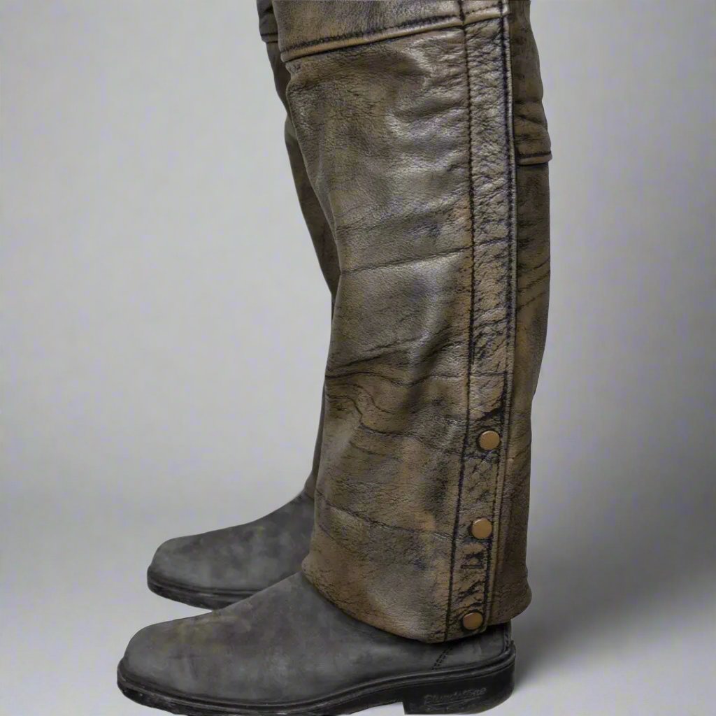 Open Road Men's Distressed Brown 4 Pocket Premium Leather Chaps - Velora Luxury Fashion