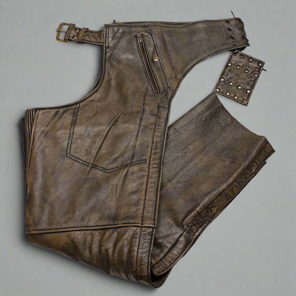 Open Road Men's Distressed Brown 4 Pocket Premium Leather Chaps - Velora Luxury Fashion