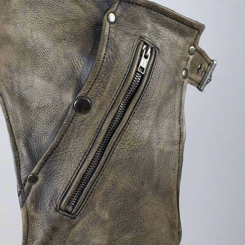 Open Road Men's Distressed Brown 4 Pocket Premium Leather Chaps - Velora Luxury Fashion