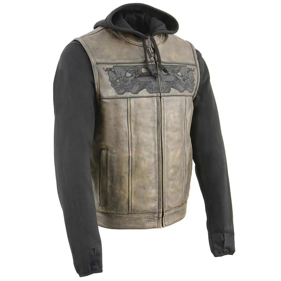 Open Road Men's Skull Hoodie Leather Vest - Velora Luxury Fashion